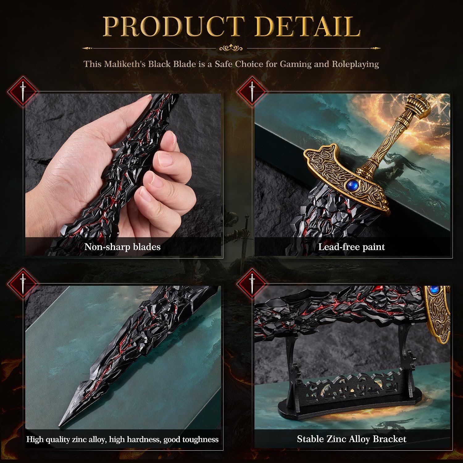 RACEROCKET Eldens Rings Maliketh's Black Blade Sword Model – 11.8-Inch Metal Craft Sword, Peripheral Prop with Display Stand, Action Figure Collectible Toy, Desk Decor, Gift - Image 3