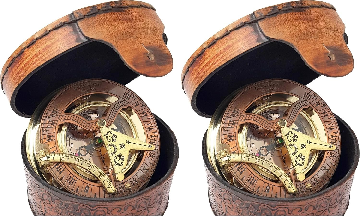 Brass Nautical - Antique Brass & Copper Sundial Compass, Sundial Clock in Box Gift Sun Clock Ship Replica Watch
