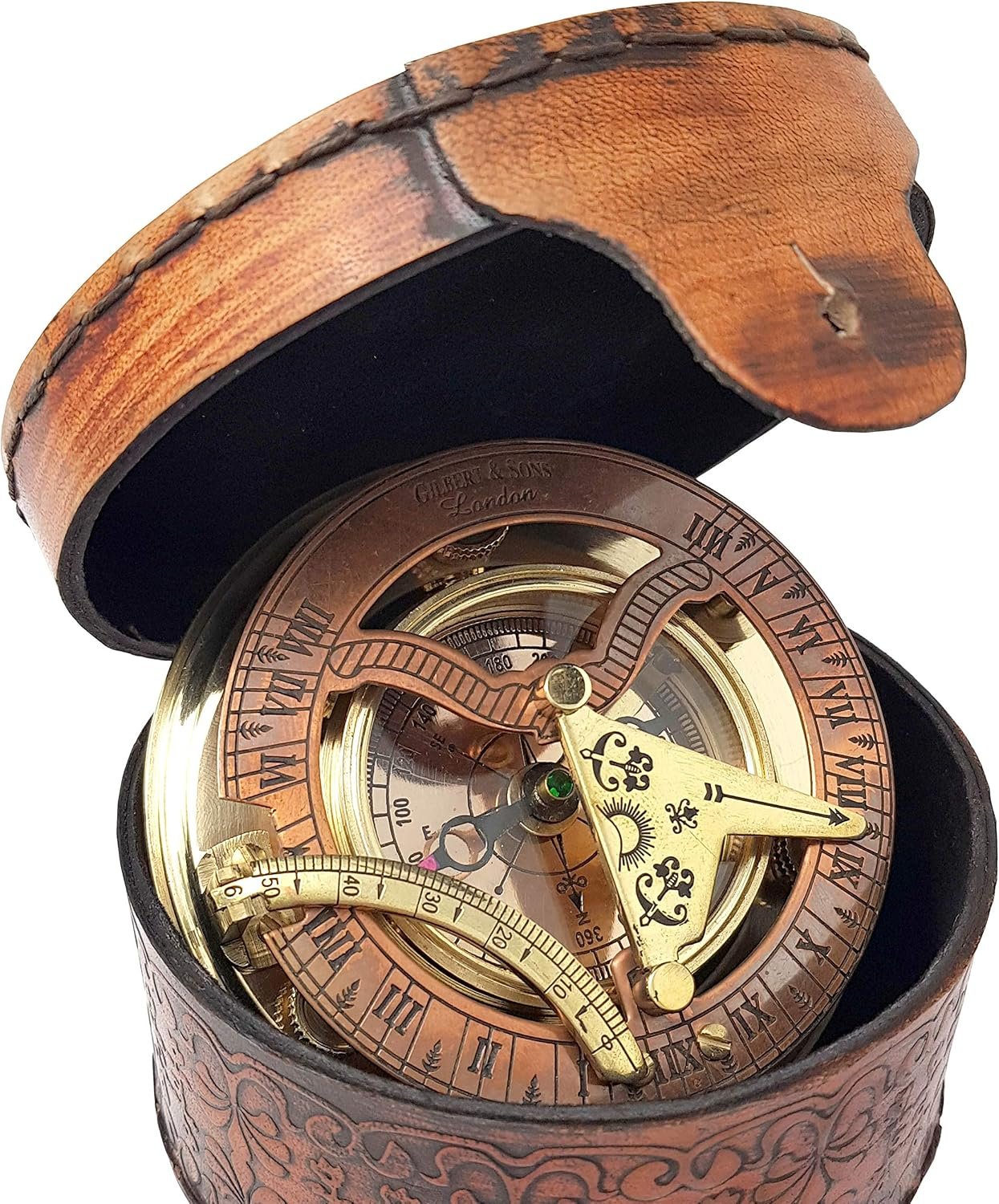 Brass Nautical - Antique Brass & Copper Sundial Compass, Sundial Clock in Box Gift Sun Clock Ship Replica Watch - Image 2